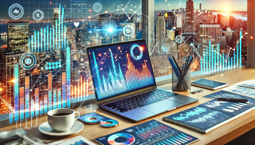 dall·e 2024 12 09 14.44.17 a visually appealing high resolution image showing real estate trends and metrics. the image includes a professional workspace with a laptop displayin
